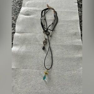 Multi-Layer Black Choker Necklace with Aqua Pendant